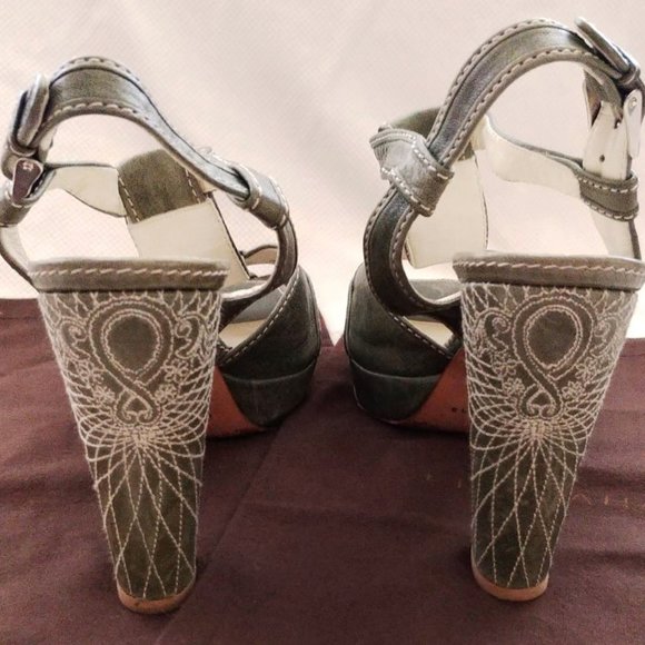 Elie Tahari Distressed Green Leather Platform Chunky Heeled Sandals Size 10 EUC - Picture 6 of 9